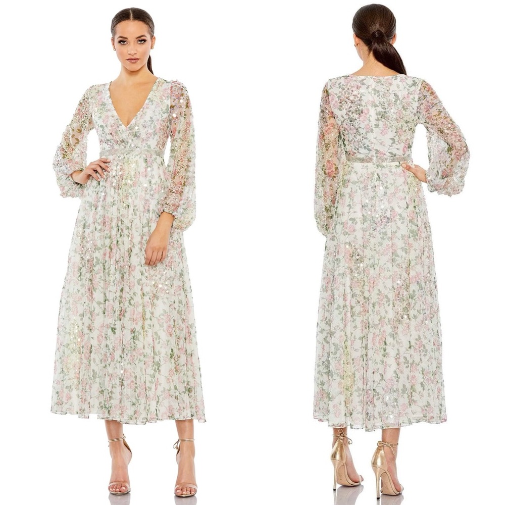NEW NWT Mac Duggal Embellished Floral Print Faux Wrap A Line Dress White Multi